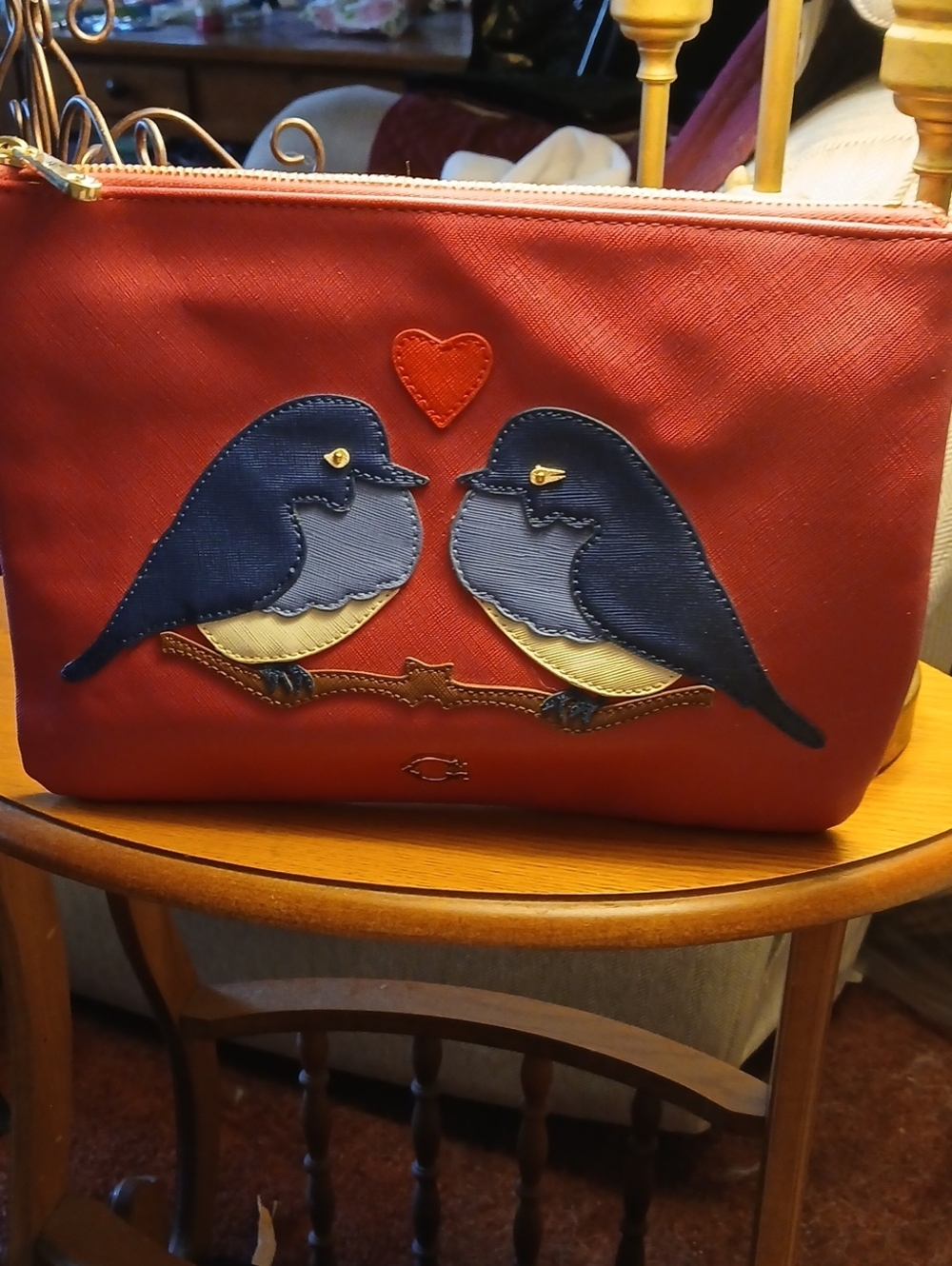 C Wonder Love Birds Zip Top Pouch Christopher Burch Red EUC